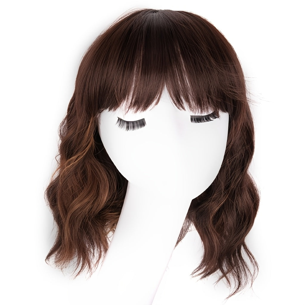Mixed Golden Black Brown Synthetic Water Wave Bob Wig with Bangs Short Curly Wigs for Women Heat Resistant Cosplay Party 14 Inches