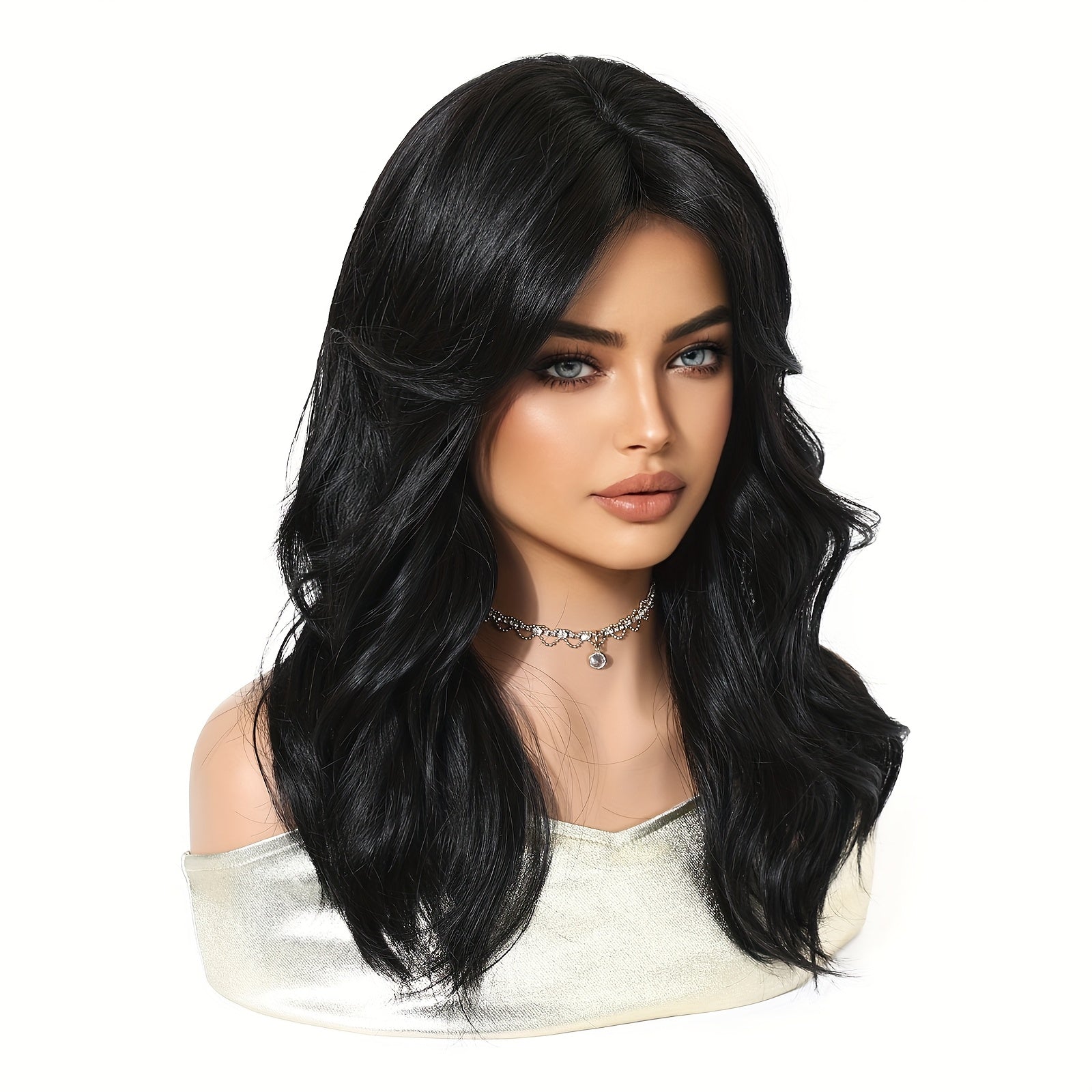 20-inch Black Fluffy Eight-part Bangs Medium-length Wavy Curly Machine-made High-temperature Fiber Hair. Suitable for Everyone and Flattering to a Smaller Face. Ideal for Work, School, Daily Commutes, Parties, Gatherings, Halloween, Music Festivals