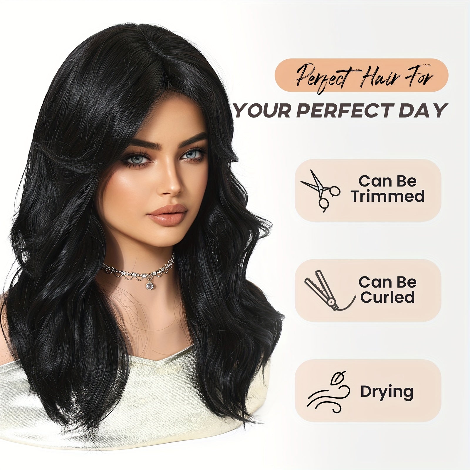 20-inch Black Fluffy Eight-part Bangs Medium-length Wavy Curly Machine-made High-temperature Fiber Hair. Suitable for Everyone and Flattering to a Smaller Face. Ideal for Work, School, Daily Commutes, Parties, Gatherings, Halloween, Music Festivals