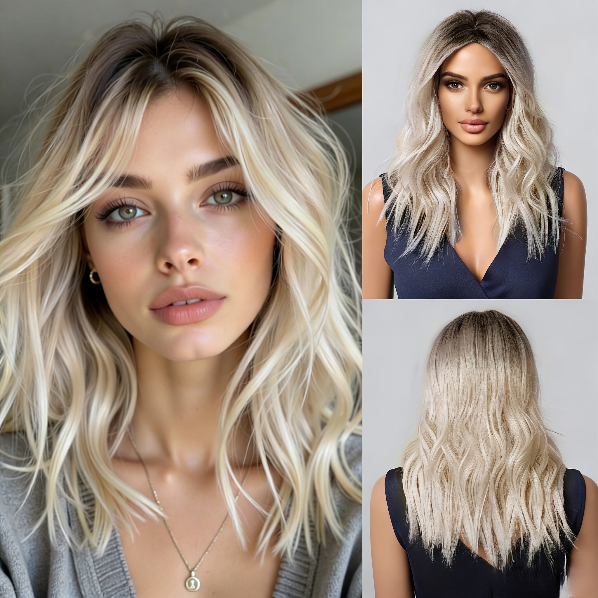 A Popular Cross-Border Platinum-Colored Wig with a Middle Part And Black-Dyed Top, Featuring Medium-Length Curly Hair, Approximately 16 Inches (40.5 Cm) Long, Perfect for Valentine'S Day Dates, Parties, And Stylish Occasions