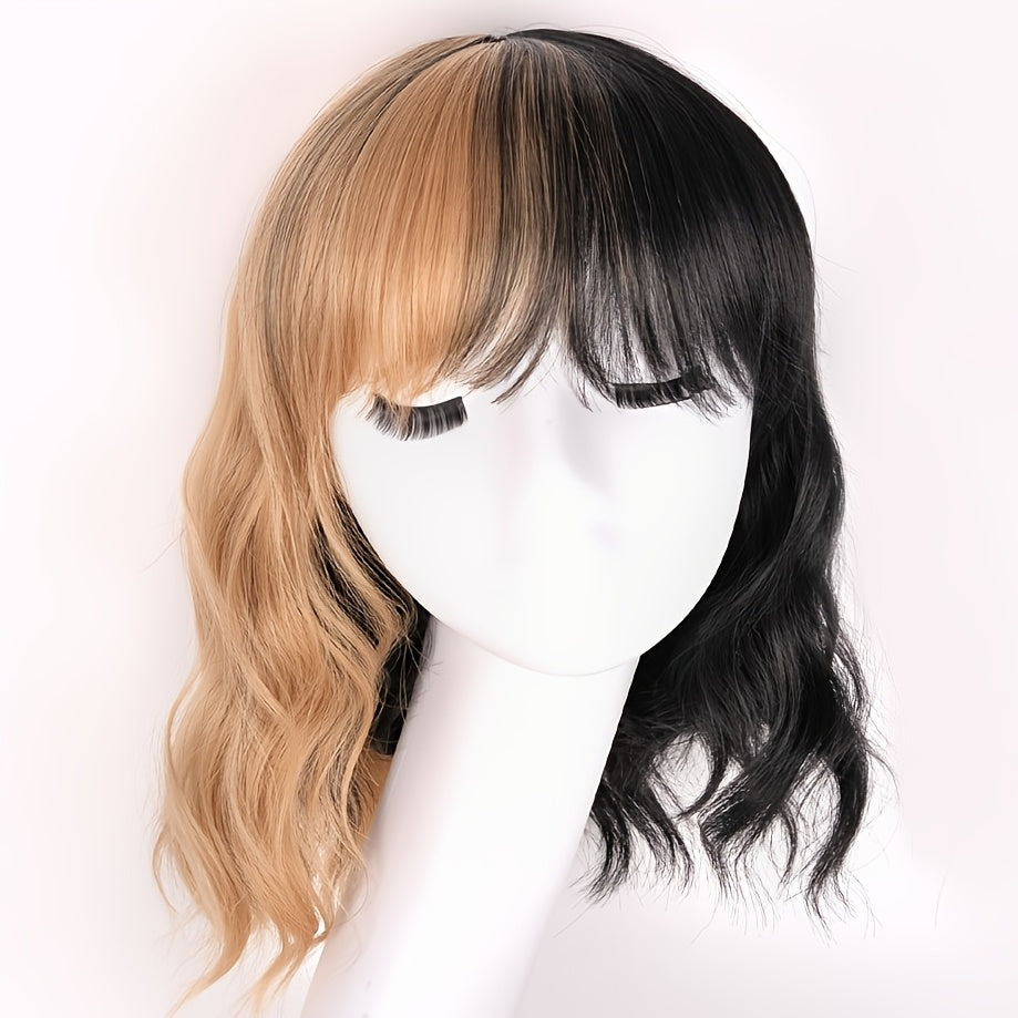 Mixed Golden Black Brown Synthetic Water Wave Bob Wig with Bangs Short Curly Wigs for Women Heat Resistant Cosplay Party 14 Inches