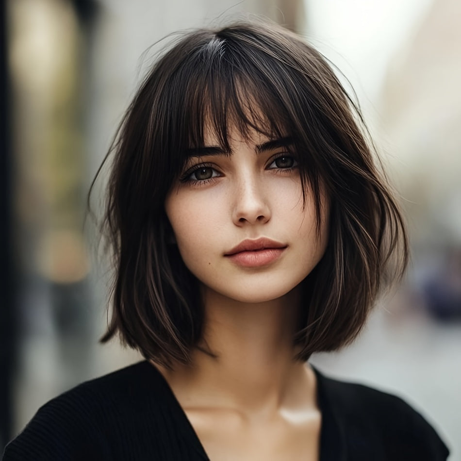 Short Straight Bob Wigs Made from Human Hair for Women, Featuring 150% Density And Bangs. This Sleek And Shiny Haircut Is Crafted from Brazilian Remy Hair, Easy to Wear, And Ideal for Everyday Use And Parties, Short Hair Wigs