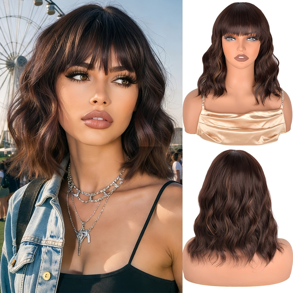 Mixed Golden Black Brown Synthetic Water Wave Bob Wig with Bangs Short Curly Wigs for Women Heat Resistant Cosplay Party 14 Inches