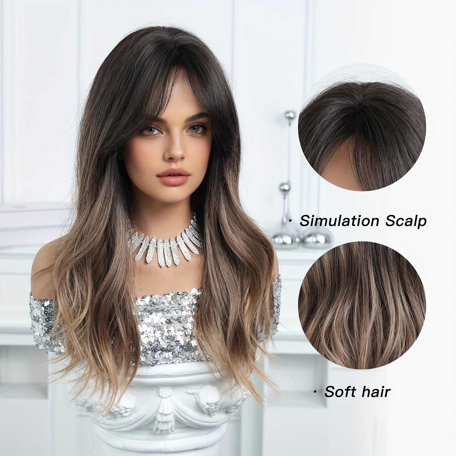 22-inch Gradient Brown Layered Medium-length Wavy Wig - with Side-swept Bangs, Relaxed Curls, Face-framing Design, Suitable for Parties, Travel, Events, Dates, and Daily Wear