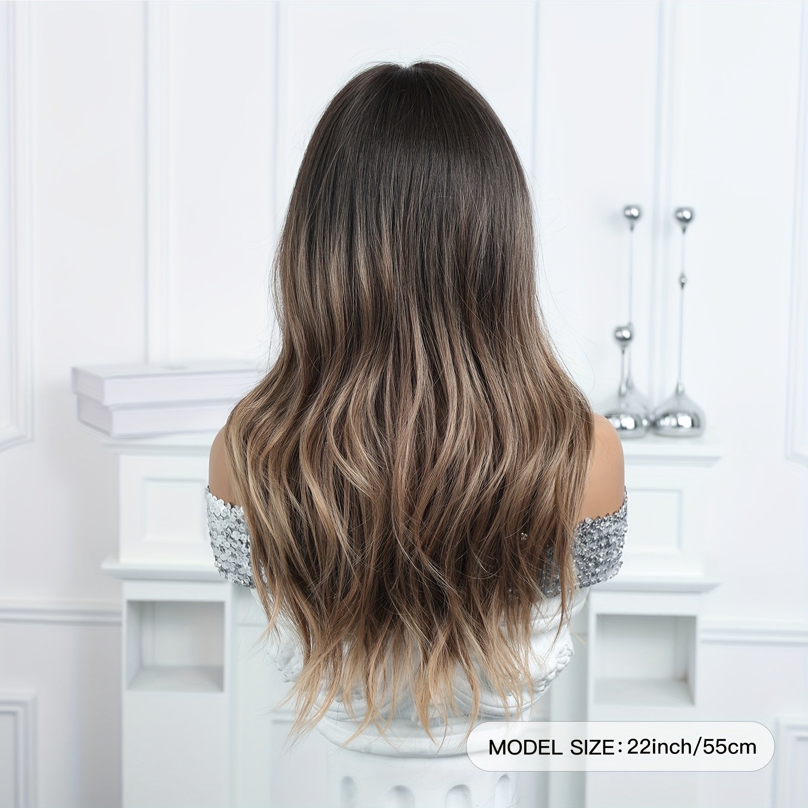 22-inch Gradient Brown Layered Medium-length Wavy Wig - with Side-swept Bangs, Relaxed Curls, Face-framing Design, Suitable for Parties, Travel, Events, Dates, and Daily Wear