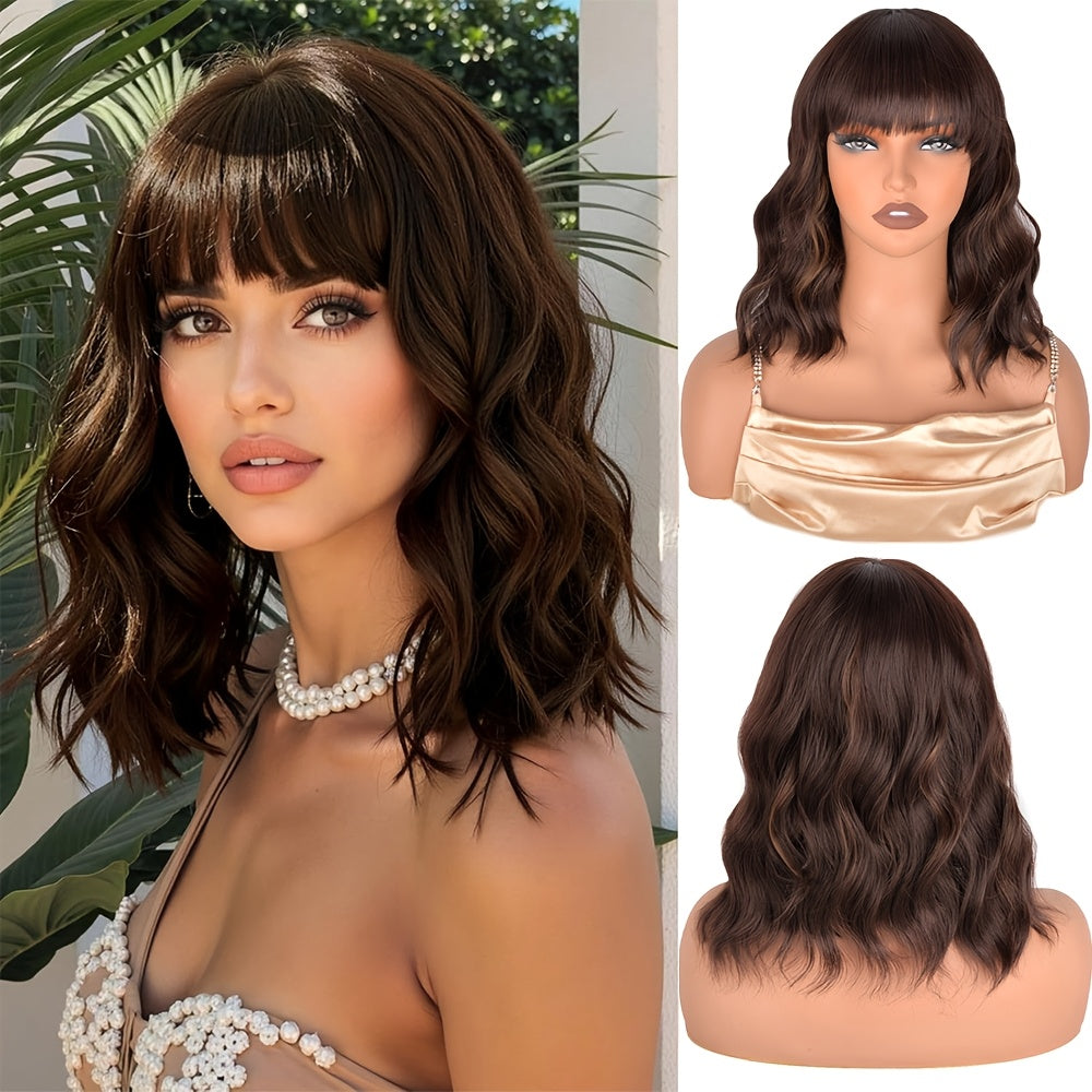 Mixed Golden Black Brown Synthetic Water Wave Bob Wig with Bangs Short Curly Wigs for Women Heat Resistant Cosplay Party 14 Inches