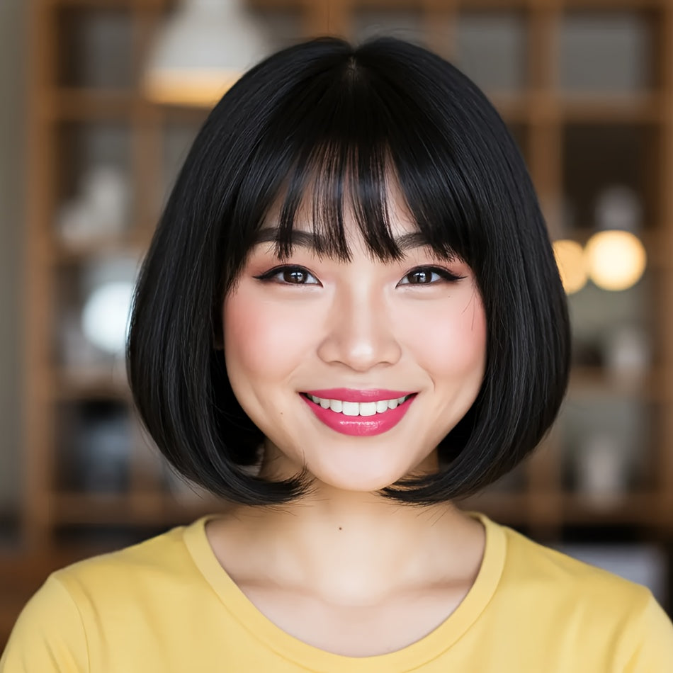 Short Straight Bob Wigs Made from Human Hair for Women, Featuring 150% Density And Bangs. This Sleek And Shiny Haircut Is Crafted from Brazilian Remy Hair, Easy to Wear, And Ideal for Everyday Use And Parties, Short Hair Wigs