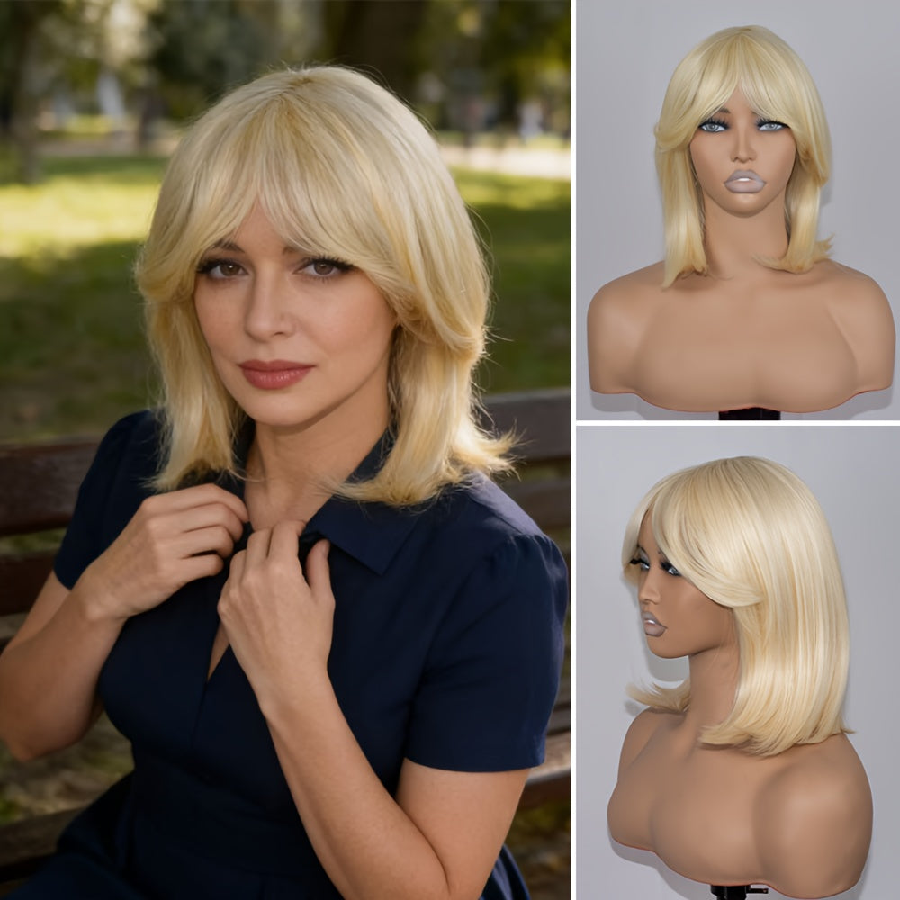 14-inch Light Blonde Short Wig with Breathable Elastic Mesh Cap - -Looking Straight Hair for Casual Attire, Dates & Commuting | Easy-Maintain Short Length, Comfortable for All-Day Wear (Light Blonde)