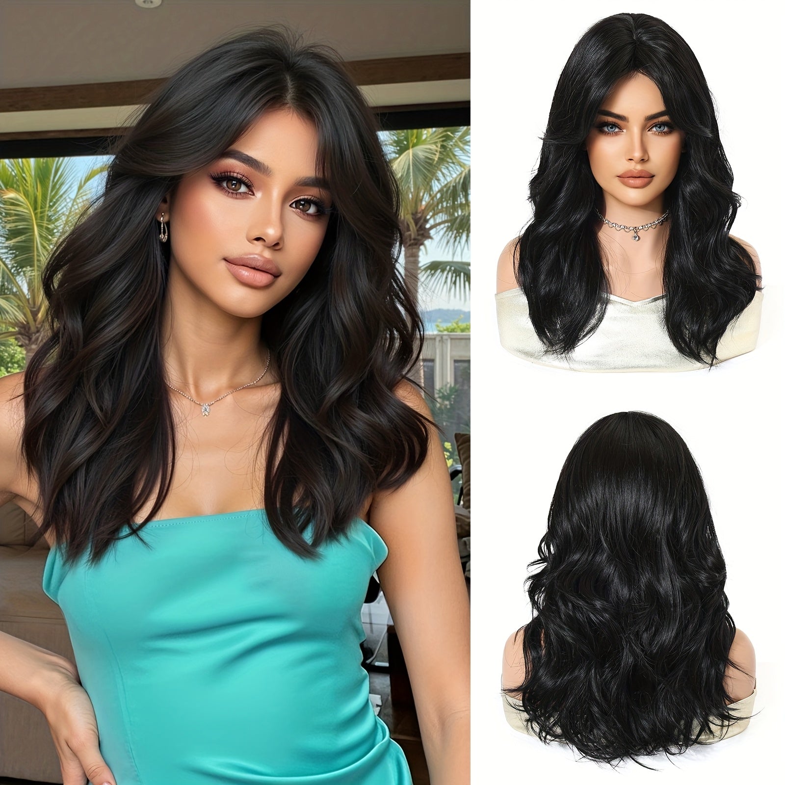 20-inch Black Fluffy Eight-part Bangs Medium-length Wavy Curly Machine-made High-temperature Fiber Hair. Suitable for Everyone and Flattering to a Smaller Face. Ideal for Work, School, Daily Commutes, Parties, Gatherings, Halloween, Music Festivals