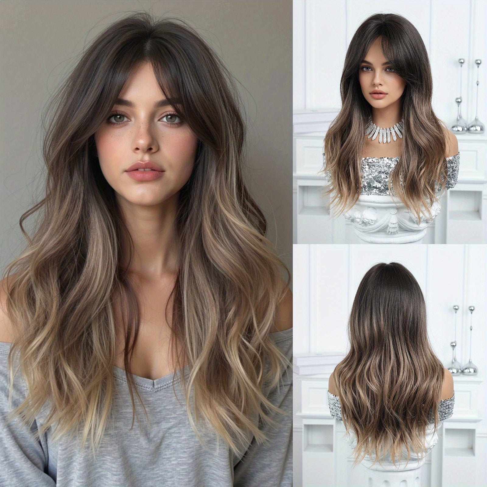 22-inch Gradient Brown Layered Medium-length Wavy Wig - with Side-swept Bangs, Relaxed Curls, Face-framing Design, Suitable for Parties, Travel, Events, Dates, and Daily Wear