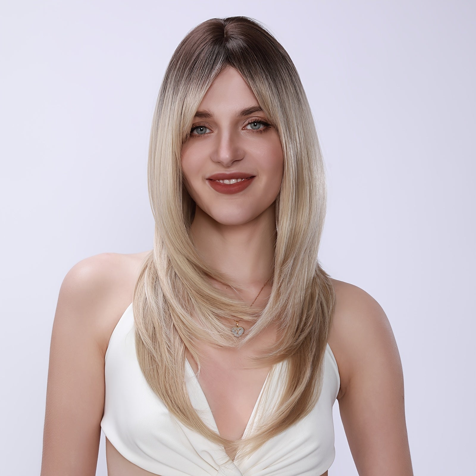 Light Golden Gradient Medium-Length Straight Wig | Layered, Smooth, Natural Parting - The Perfect Everyday Outing Accessory for a Subtle European-American Vibe