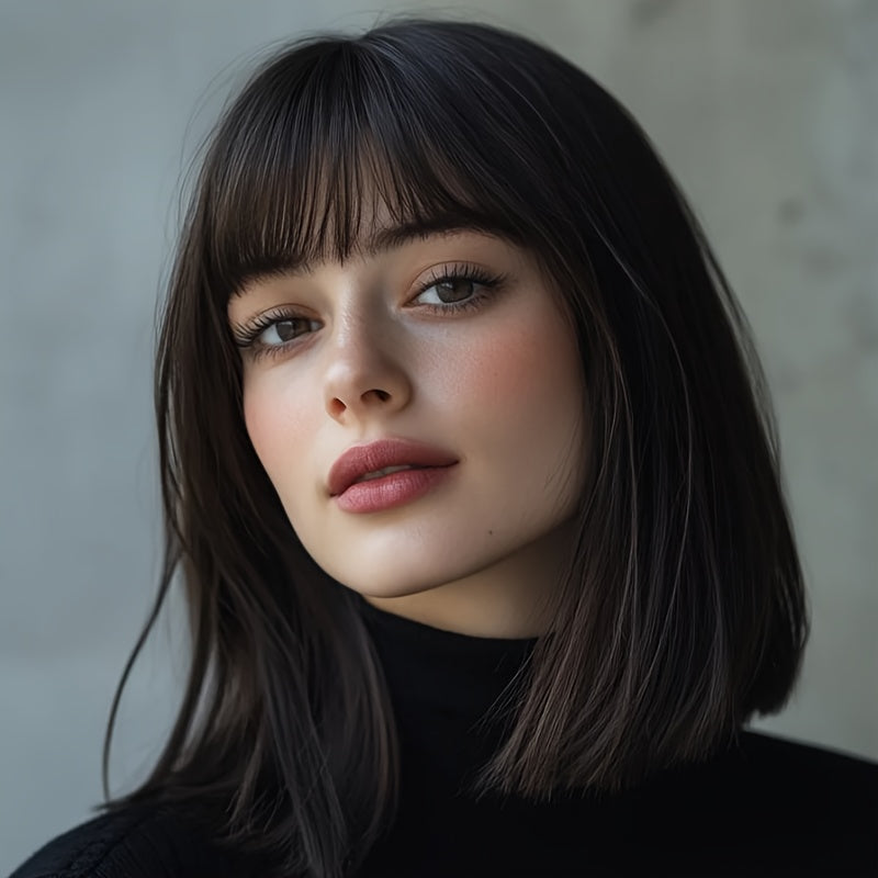 Women'S Elegant Brazilian Human Hair Wig - 150% Density Glueless Bob Wig With Pre-Plucked Hairline & Bangs, Bone Straight Black Costume Wig For Youngsters, Natural Look For Parties, Cosplay & Casual Attire, Short Hair Wig, Secure Fit