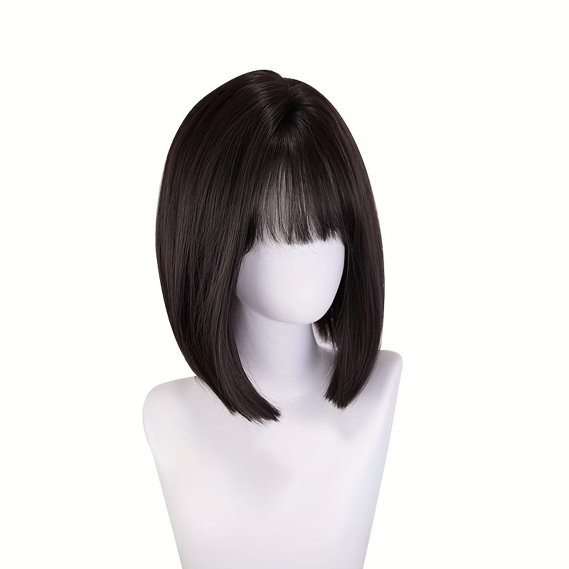 Black Center-Parted Bob Wig | Playful Short Straight Hair for Women | Full Head Wig with Button Net | Suitable for Everyday Wear, Party, Halloween | Made of High Temperature Fiber