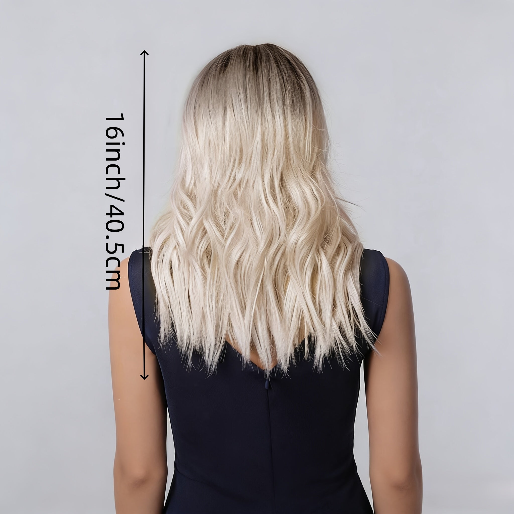 A Popular Cross-Border Platinum-Colored Wig with a Middle Part And Black-Dyed Top, Featuring Medium-Length Curly Hair, Approximately 16 Inches (40.5 Cm) Long, Perfect for Valentine'S Day Dates, Parties, And Stylish Occasions