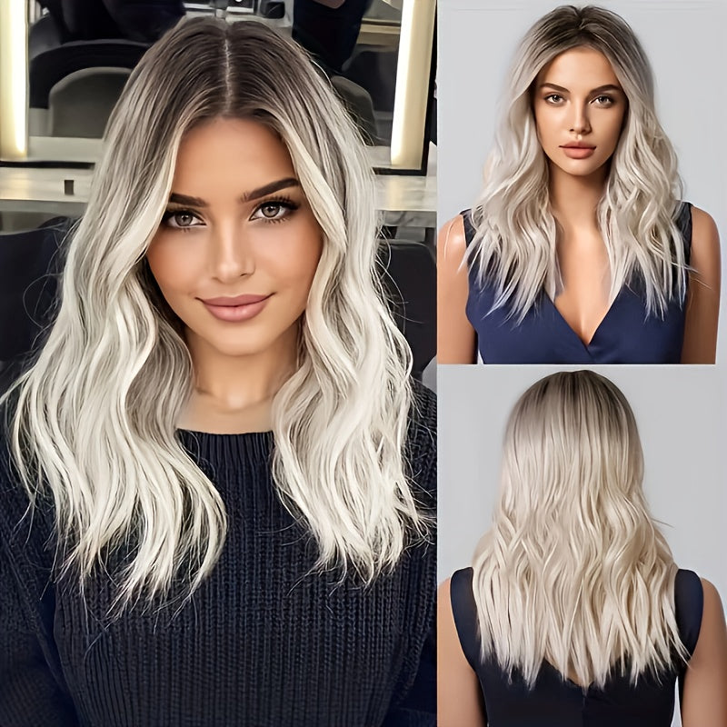 A Popular Cross-Border Platinum-Colored Wig with a Middle Part And Black-Dyed Top, Featuring Medium-Length Curly Hair, Approximately 16 Inches (40.5 Cm) Long, Perfect for Valentine'S Day Dates, Parties, And Stylish Occasions