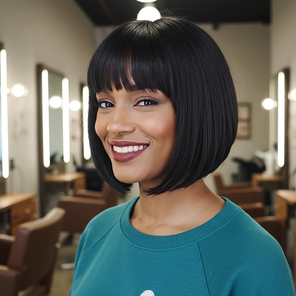 Short Straight Bob Wigs Made from Human Hair for Women, Featuring 150% Density And Bangs. This Sleek And Shiny Haircut Is Crafted from Brazilian Remy Hair, Easy to Wear, And Ideal for Everyday Use And Parties, Short Hair Wigs
