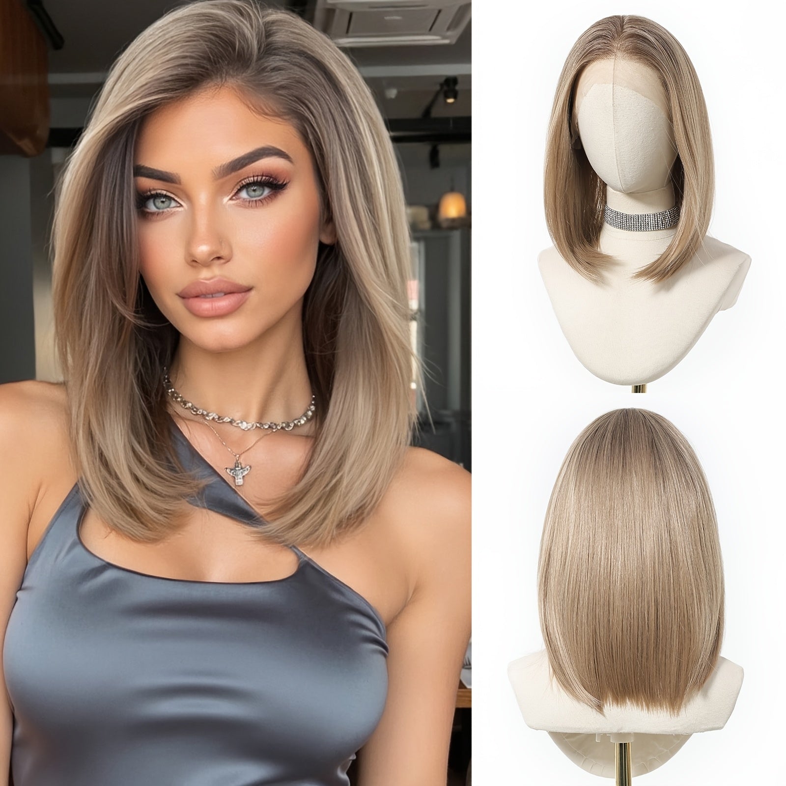 13x6 HD Transparent Lace Front Wig 14Inch Highlight Brown Color Short Bob Synthetic Lace Wig Glueless Lace Wig with Pre Plucked Natrural Hairline Daily Wear Party-Natural Look & Comfort Fit Elegant Style Versatile for Woman