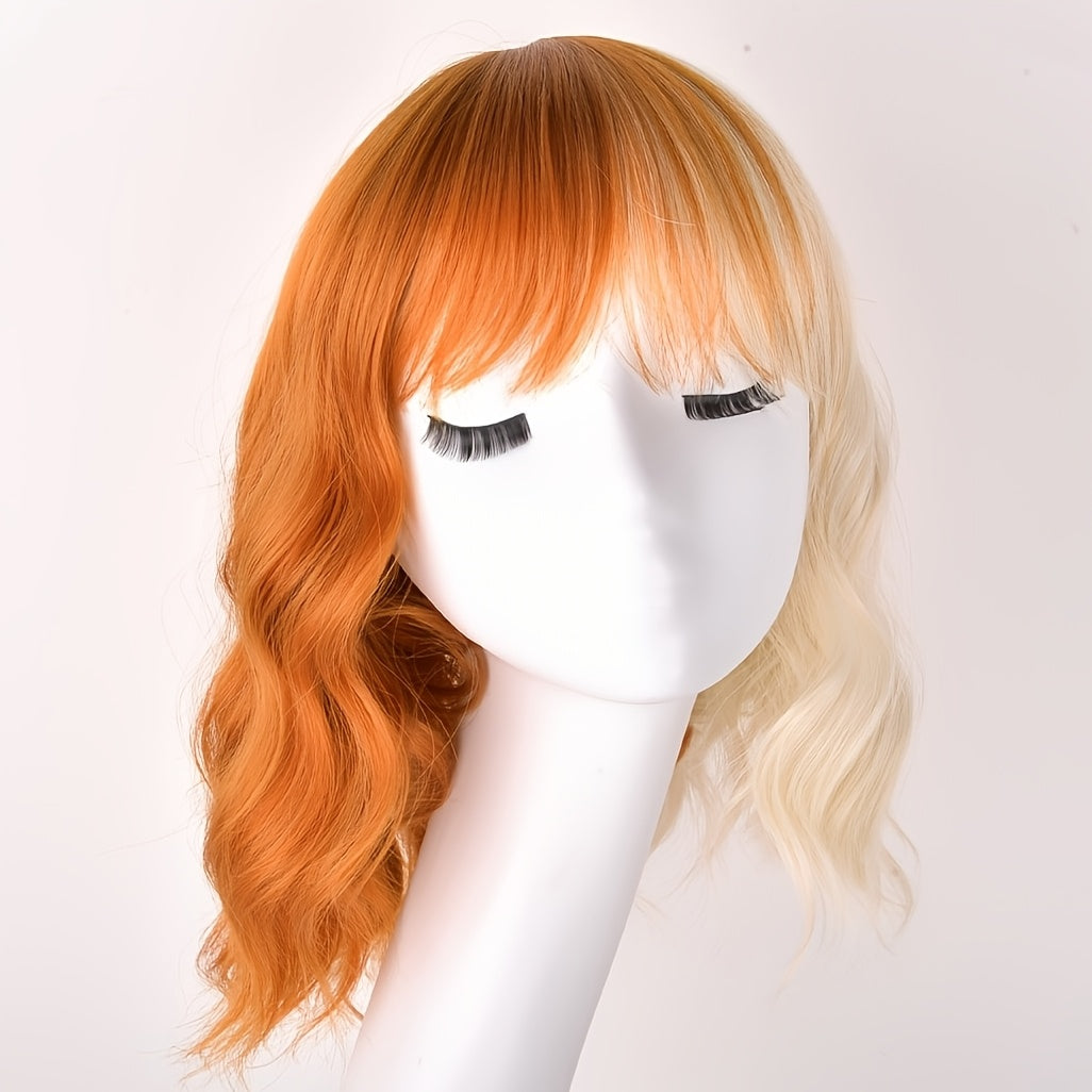 Mixed Golden Black Brown Synthetic Water Wave Bob Wig with Bangs Short Curly Wigs for Women Heat Resistant Cosplay Party 14 Inches