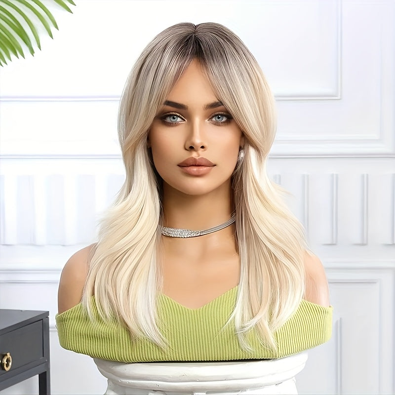 1pc White Golden Gradient Ombre Middle-Length Wig with Side-Parted Bangs for Women, Suitable for Daily Wear and Various Occasions