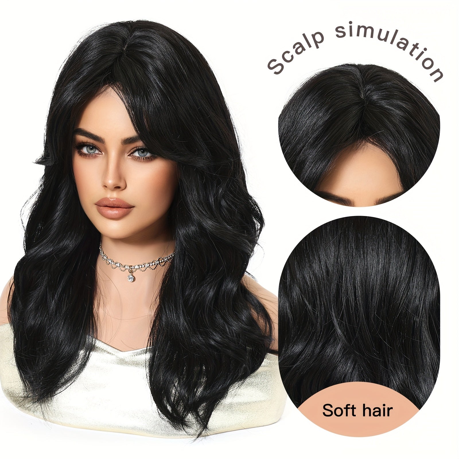 20-inch Black Fluffy Eight-part Bangs Medium-length Wavy Curly Machine-made High-temperature Fiber Hair. Suitable for Everyone and Flattering to a Smaller Face. Ideal for Work, School, Daily Commutes, Parties, Gatherings, Halloween, Music Festivals