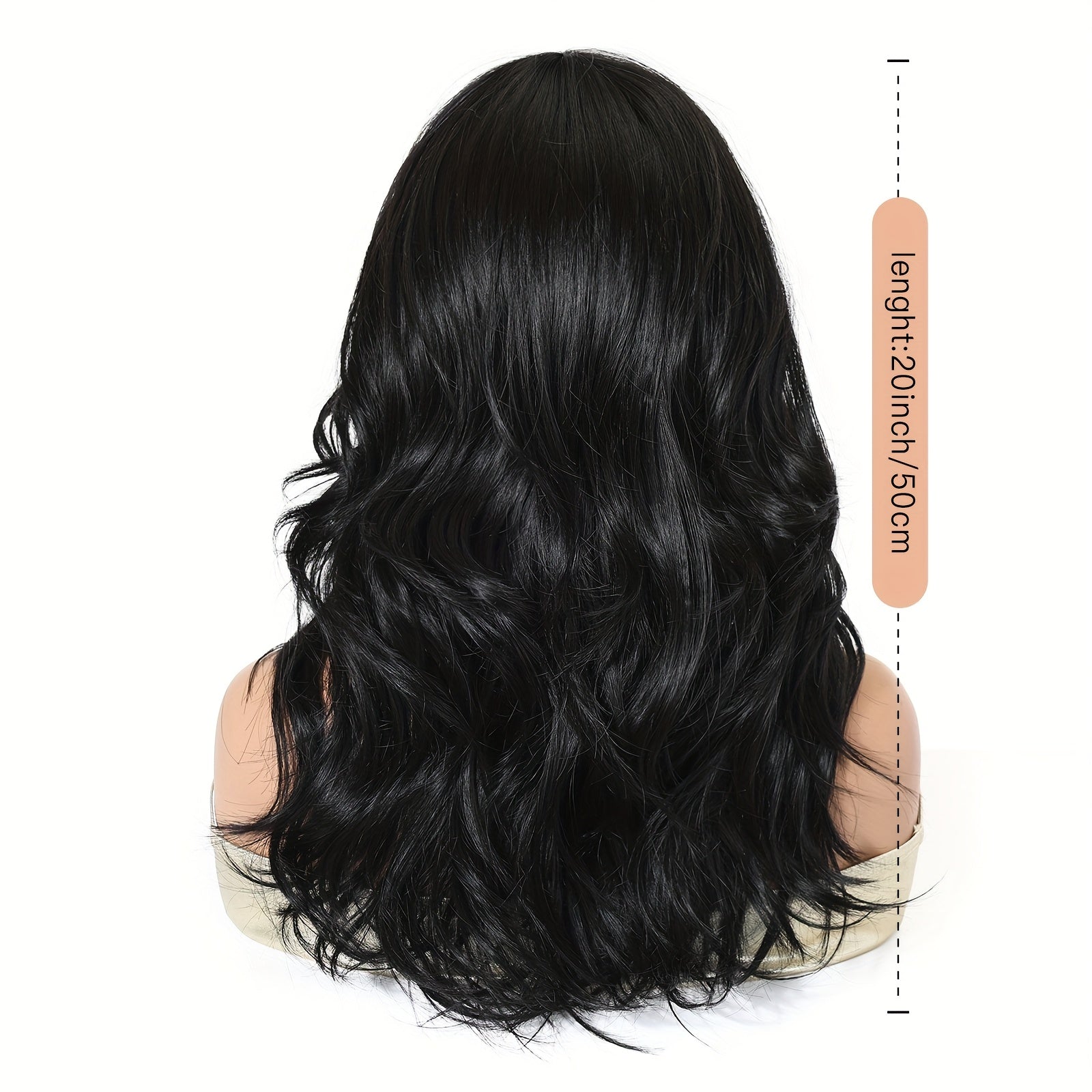 20-inch Black Fluffy Eight-part Bangs Medium-length Wavy Curly Machine-made High-temperature Fiber Hair. Suitable for Everyone and Flattering to a Smaller Face. Ideal for Work, School, Daily Commutes, Parties, Gatherings, Halloween, Music Festivals