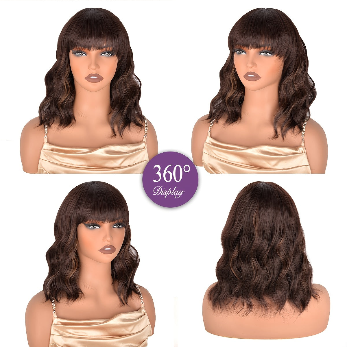 Mixed Golden Black Brown Synthetic Water Wave Bob Wig with Bangs Short Curly Wigs for Women Heat Resistant Cosplay Party 14 Inches