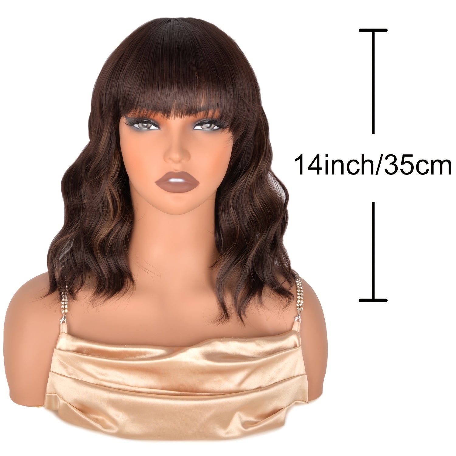 Mixed Golden Black Brown Synthetic Water Wave Bob Wig with Bangs Short Curly Wigs for Women Heat Resistant Cosplay Party 14 Inches