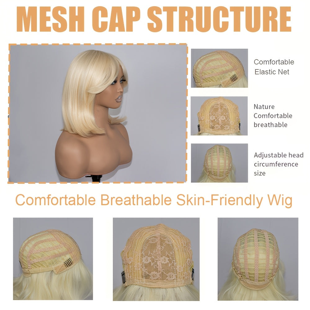 14-inch Light Blonde Short Wig with Breathable Elastic Mesh Cap - -Looking Straight Hair for Casual Attire, Dates & Commuting | Easy-Maintain Short Length, Comfortable for All-Day Wear (Light Blonde)