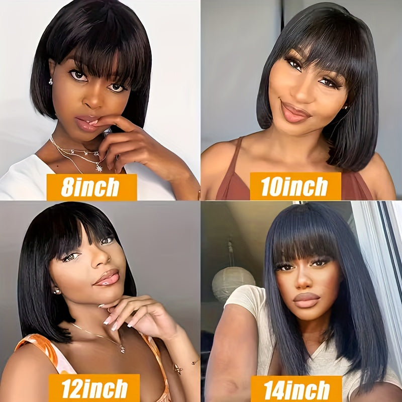 Women'S Elegant Brazilian Human Hair Wig - 150% Density Glueless Bob Wig With Pre-Plucked Hairline & Bangs, Bone Straight Black Costume Wig For Youngsters, Natural Look For Parties, Cosplay & Casual Attire, Short Hair Wig, Secure Fit