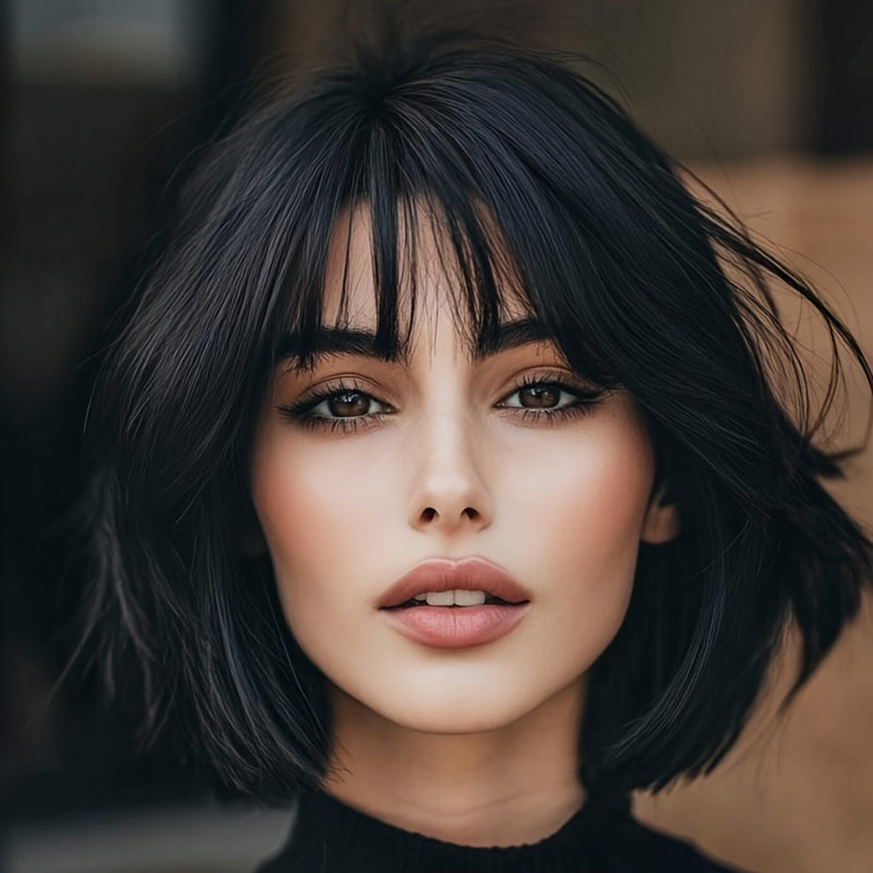 Women'S Elegant Brazilian Human Hair Wig - 150% Density Glueless Bob Wig With Pre-Plucked Hairline & Bangs, Bone Straight Black Costume Wig For Youngsters, Natural Look For Parties, Cosplay & Casual Attire, Short Hair Wig, Secure Fit