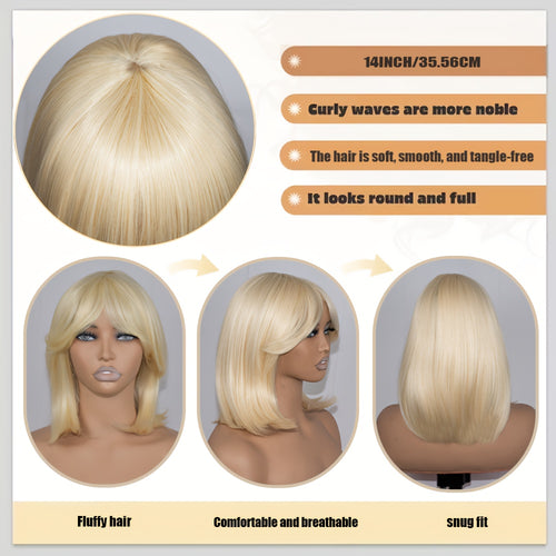 14-inch Light Blonde Short Wig with Breathable Elastic Mesh Cap - -Looking Straight Hair for Casual Attire, Dates & Commuting | Easy-Maintain Short Length, Comfortable for All-Day Wear (Light Blonde)
