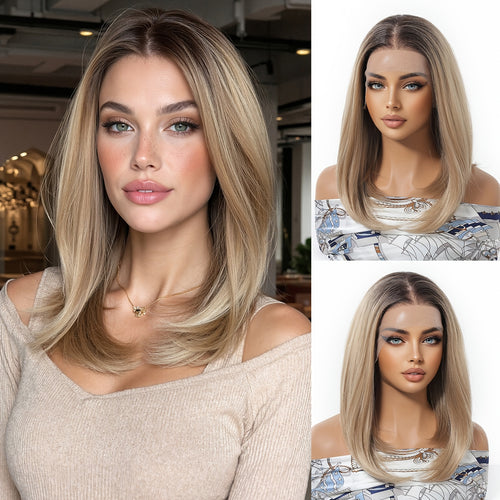 13x6 HD Transparent Lace Front Wig 14Inch Highlight Brown Color Short Bob Synthetic Lace Wig Glueless Lace Wig with Pre Plucked Natrural Hairline Daily Wear Party-Natural Look & Comfort Fit Elegant Style Versatile for Woman