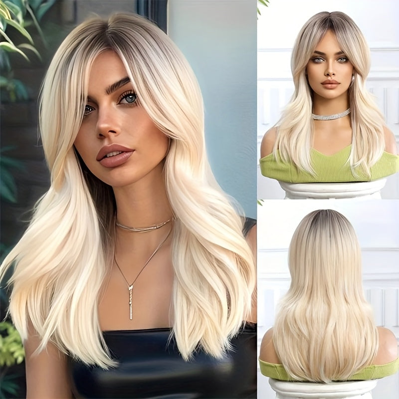 1pc White Golden Gradient Ombre Middle-Length Wig with Side-Parted Bangs for Women, Suitable for Daily Wear and Various Occasions